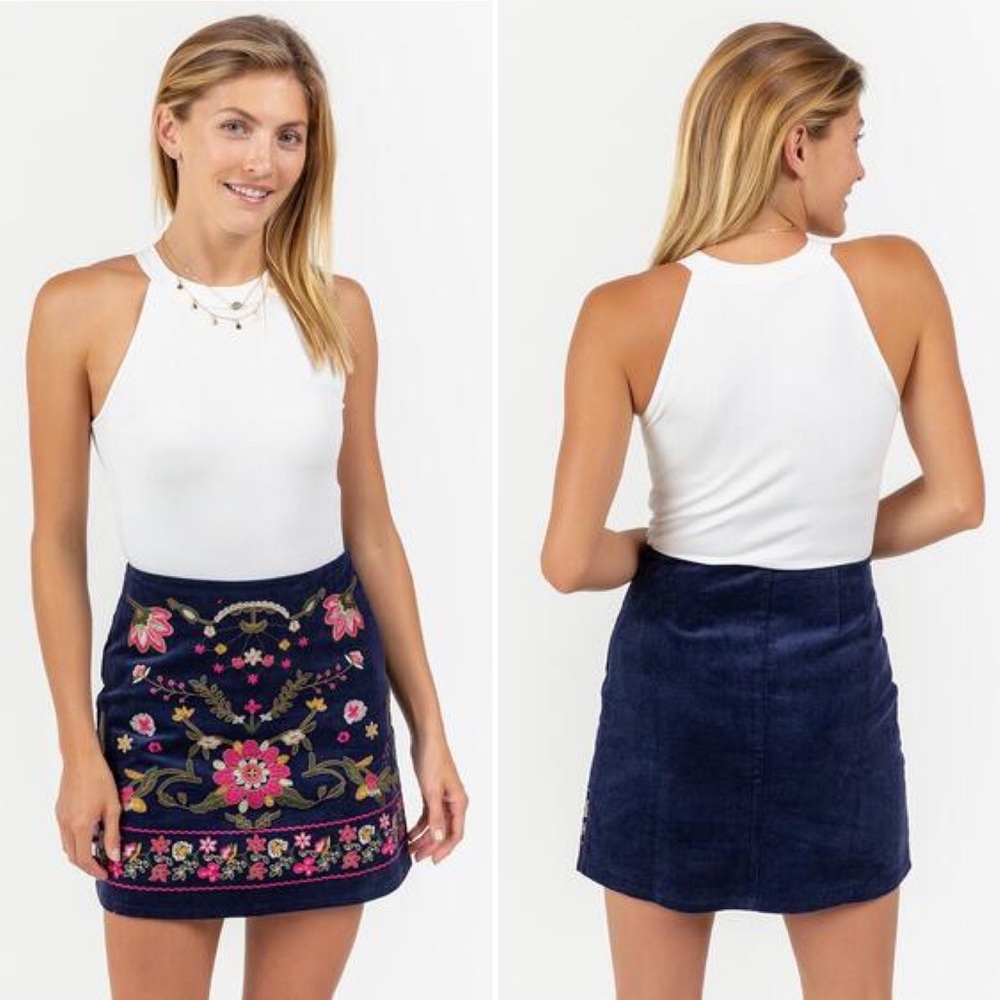 Harper Embroidered Navy Blue Mini Skirt (size S)